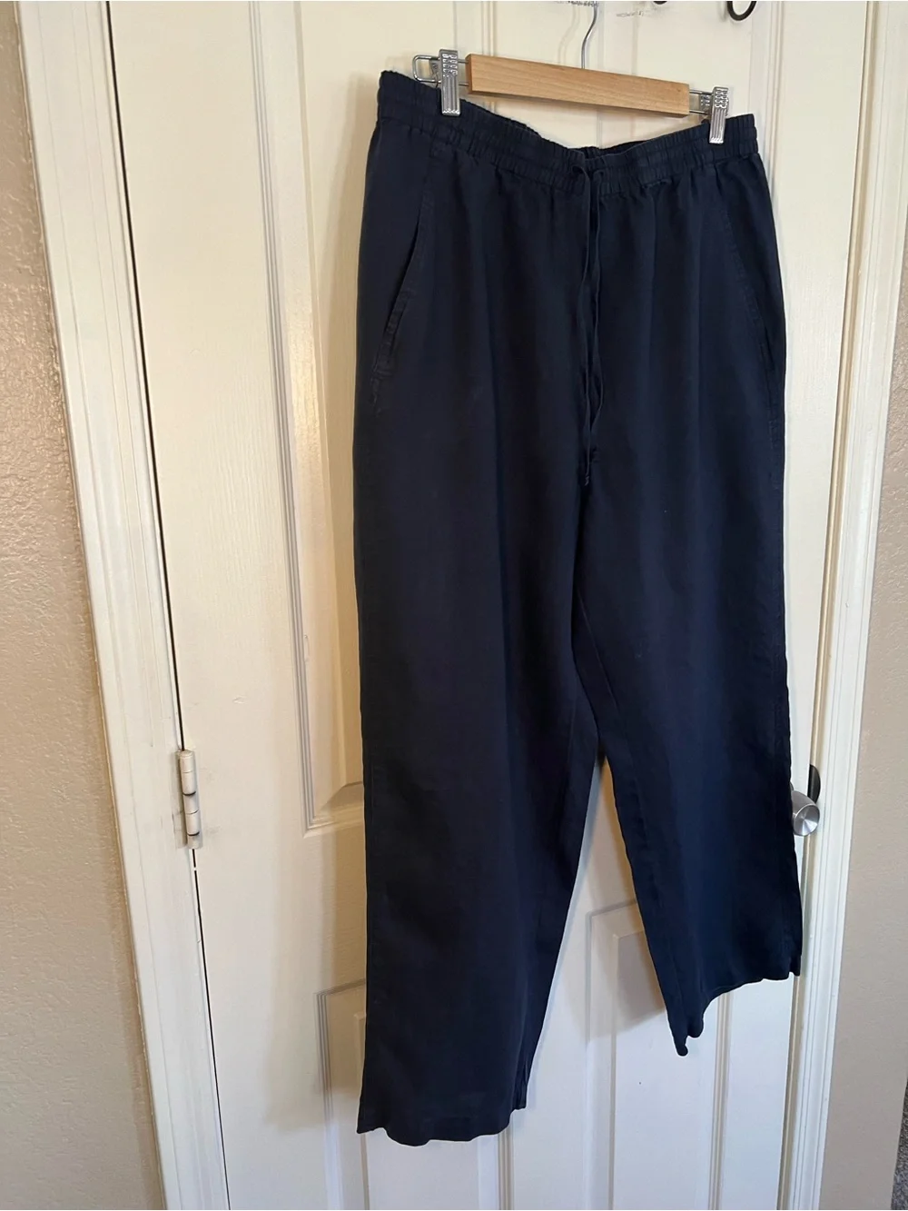 Banana Republic 100% Linen Wide Leg Pants Navy Blue Drawstring Size Large